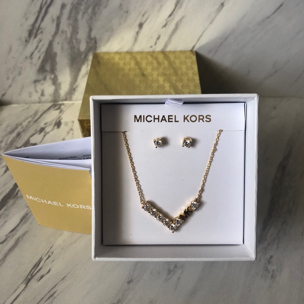 NWT Michael Kors Logo Crystal Necklace & Earrings